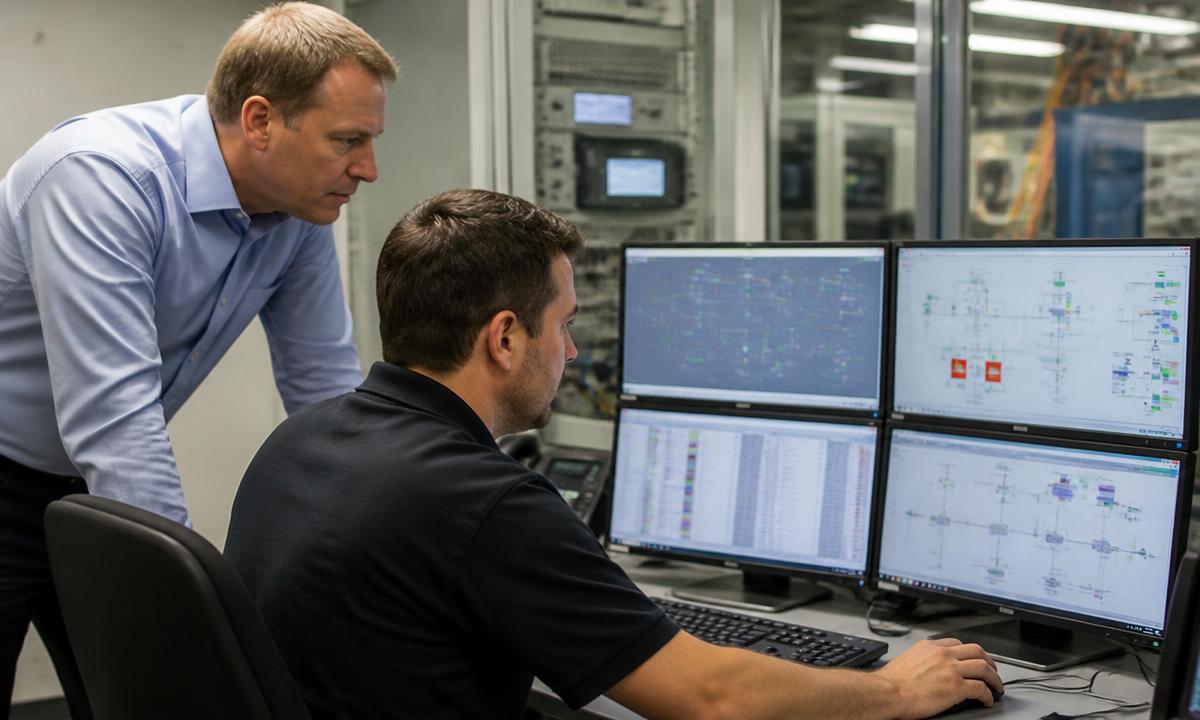 IT-Fachmann prüft mit dem Betriebsleiter die Systeme einer Produktionsanlage