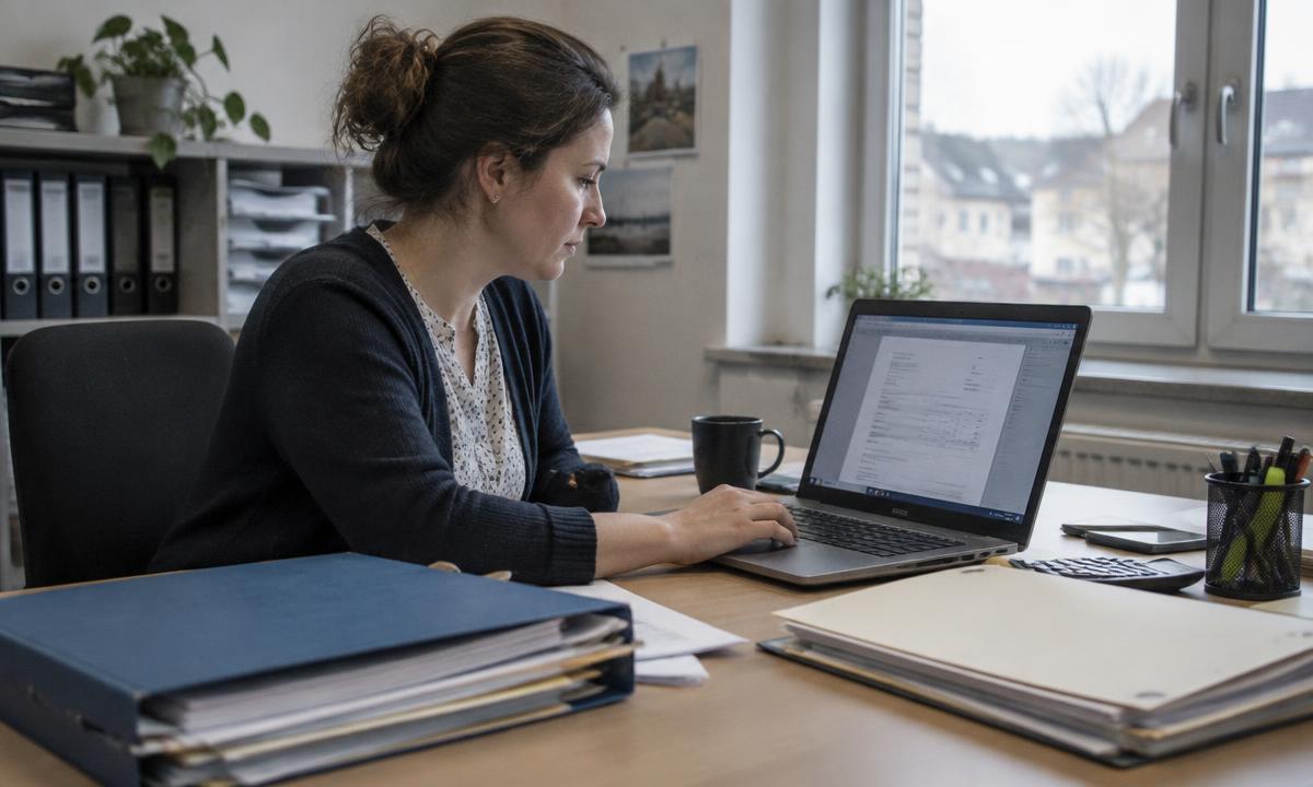 Buchhalterin prüft eine elektronische Rechnung am Laptop in einem kleinen Büro