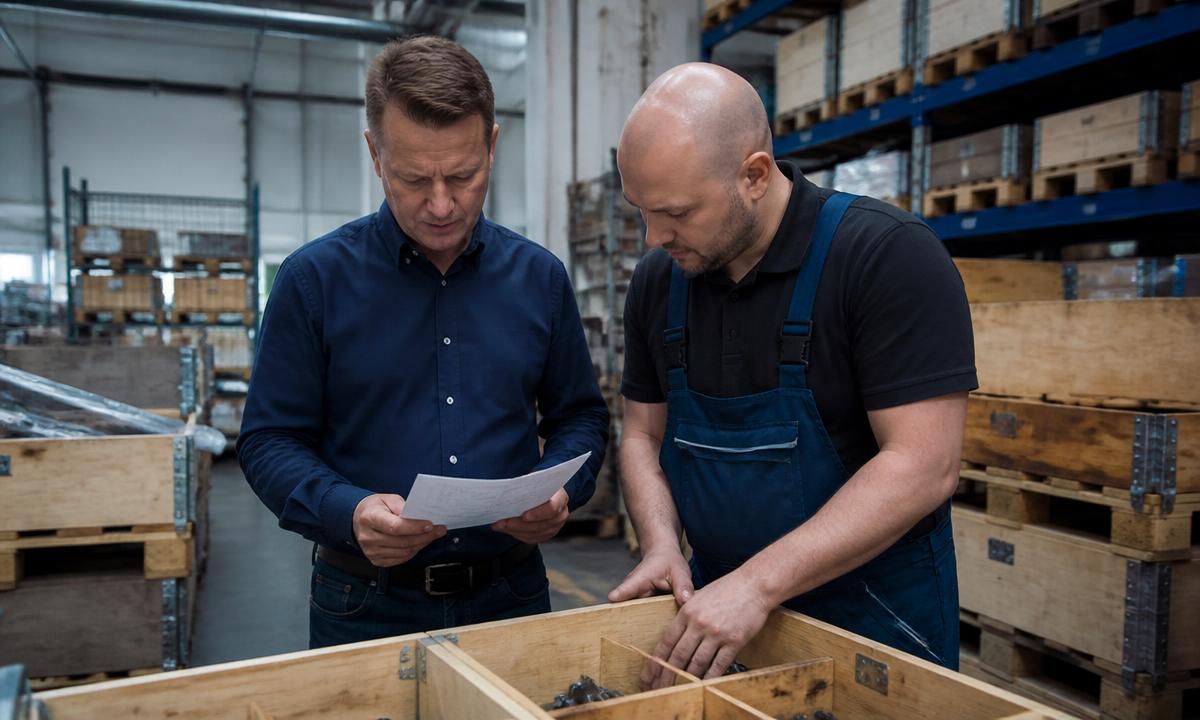 Einkäufer und Lagerleiter prüfen eine Lieferung mit Industriebauteilen