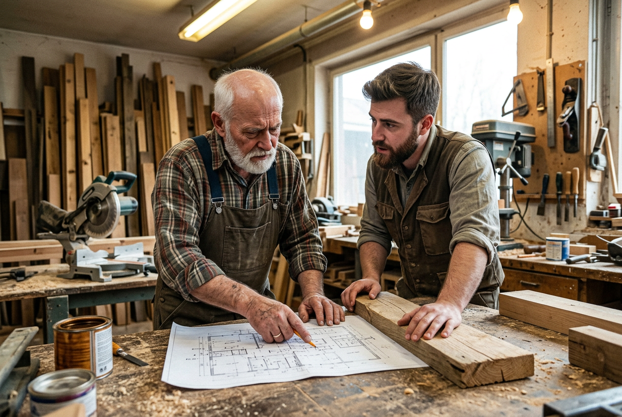 Handwerksmeister im Gespräch mit seinem jüngeren Nachfolger